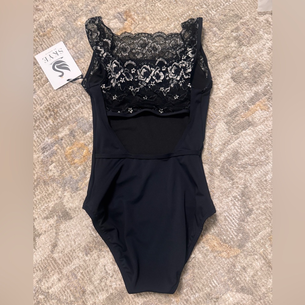 Skye by Mariia black ballet leotard square neck lace detail NWT gorgeous XS